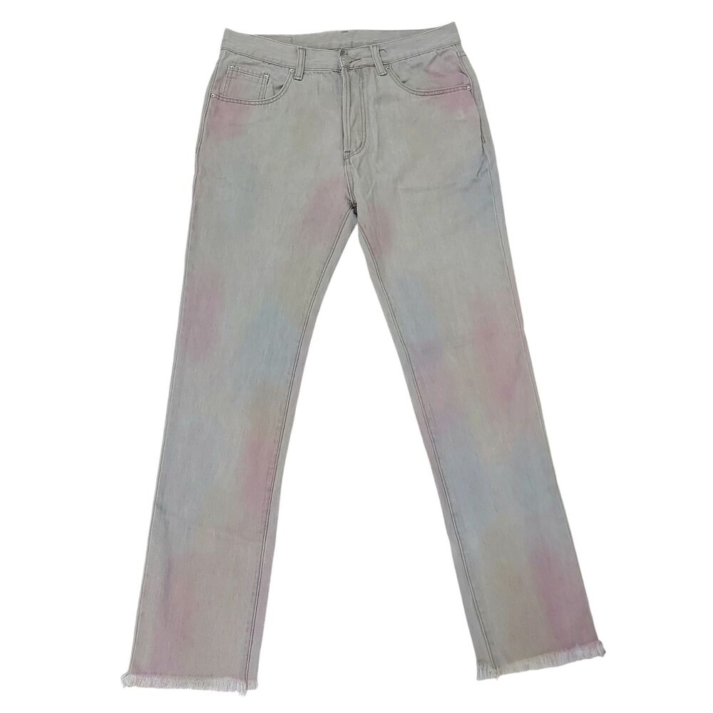 MNML Colour Spots Jeans Mens 34x32 Gray Button Fly Cotton Straight Leg Raw Hem